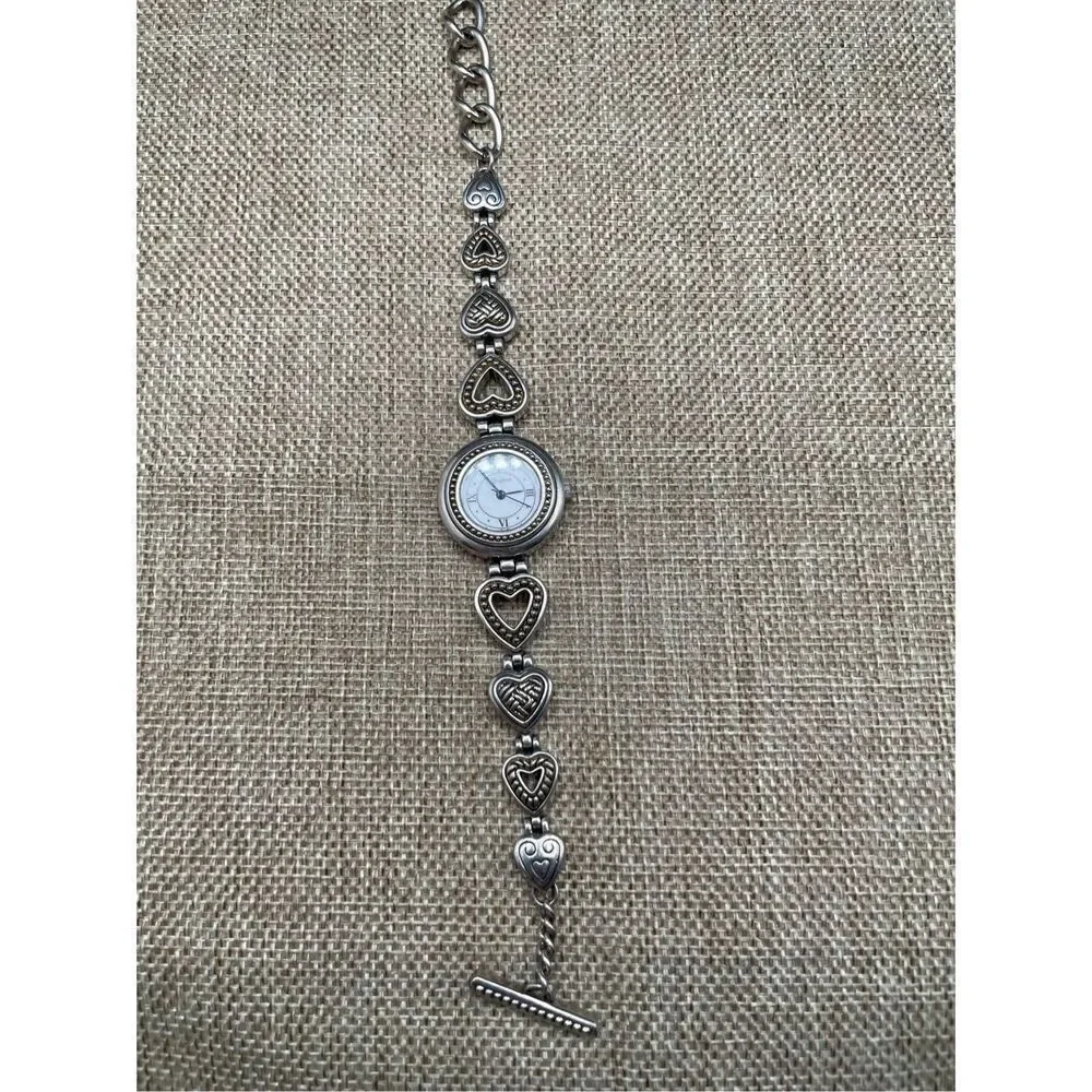 Brighton Vintage Silver Heart Charm Bracelet Watch Adjustable Toggle Working